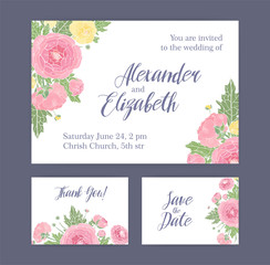 Set of wedding invitation, Save The Date card and Thank You note templates decorated with gorgeous blooming pink and yellow ranunculus flowers, buds and leaves. Elegant floral vector illustration.