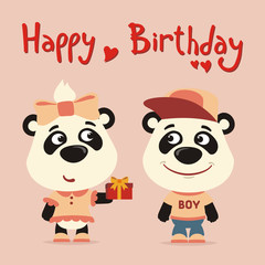 Happy birthday! Greeting card: funny panda girl gives gift to boy panda for birthday.