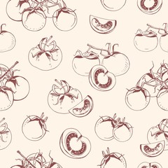 Seamless pattern with whole and cut tomatoes hand drawn with contour lines on light background. Backdrop with fresh delicious vegetable. Vector illustration for wrapping paper, textile print.