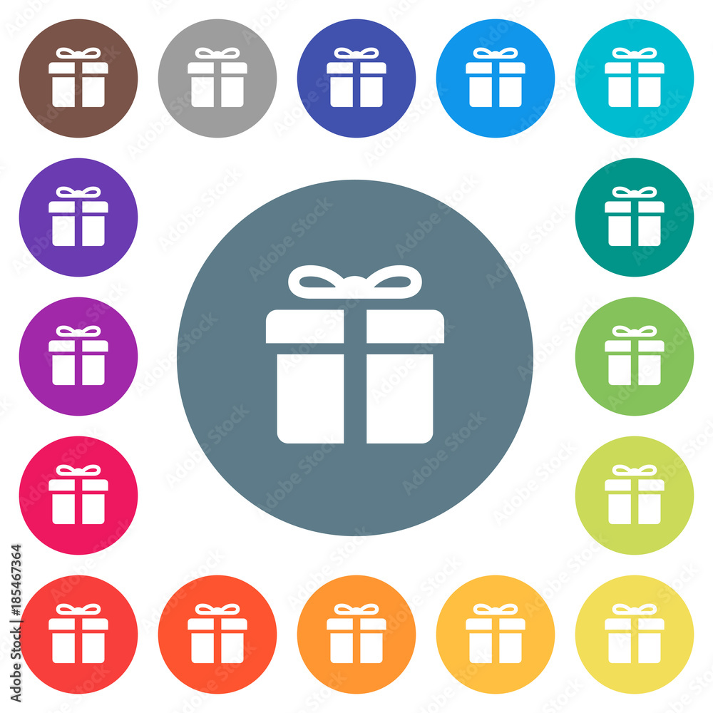 Poster Gift box flat white icons on round color backgrounds