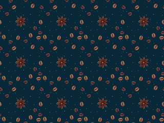 top view of seamless pattern with coffee beans and anise stars isolated on dark blue background