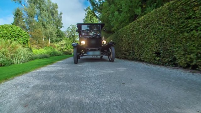 Driving with American oldtimer along nicely shaped hedge that separates gorgeous flower park by a mixed forest.