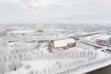 Aerial: The Cathedral in the snow-capped city of Kaliningrad, Russia