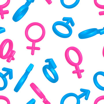 Bright colorful men and women gender signs on white, seamless pattern