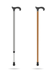 Wooden cane and metal telescopic cane with elegant ergonomic handle. Isolated objects on white background. Medicine and health. Vector illustrations.