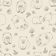 Monochrome seamless pattern with funny wombats and plants hand drawn with contour lines on light background. Backdrop with cute Australian endemic animals. Childish vector illustration for wallpaper.