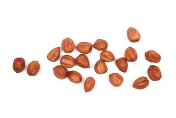 Whole hazelnuts isolated on white background, top view