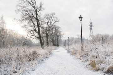 Snow-covered public park in Kaliningrad, Russia