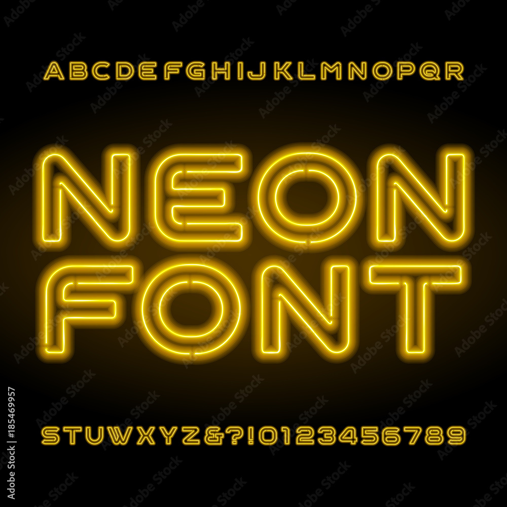 Fototapete neon alphabet font. yellow letters and numbers. vector typeface for your headers or any typography d
