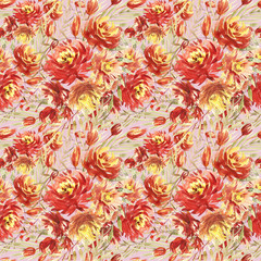 Seamless pattern with large watercolor flowers by red peonies. Elegant template for fashion prints. Olive green leaves.