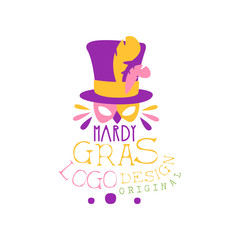 Illustration of cylinder hat with feathers and mask for Mardi Gras holiday logo original design