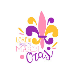 Hand drawn Mardi Gras holiday logo original design with colorful decorative elements. Shrove or Fat Tuesday, carnival. Vector isolated on white