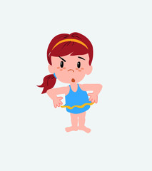 White girl in a swimsuit with an expression of unpleasant surprise.