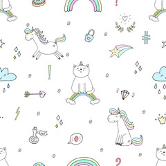 Hand drawn seamless pattern with cute cat on a rainbow, doodle illustration for kids vector print