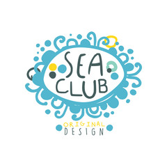 Sea club logo design with hand drawn lettering in marine frame. Bright colorful flat vector illustration isolated on white.