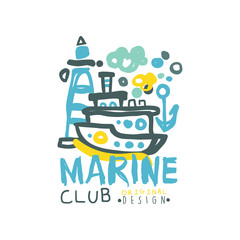 Creative sea club logo design template with abstract illustration of yacht and lighthouse. Hand drawn colorful vector isolated on white.