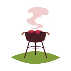 Round BBQ, barbecue, charcoal grill with two meat steaks, cartoon vector illustration isolated on white background. Cartoon picture of two meat steaks frying on charcoal barbecue grill
