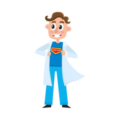 Young male doctor, therapist, intern opening his medical gown and showing superhero symbol on his chest, cartoon vector illustration isolated on white background. Doctor superhero concept