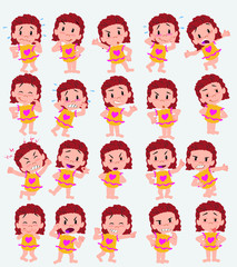 Cartoon character white girl in a swimsuit. Set with different postures, attitudes and poses, doing different activities in isolated vector illustrations.