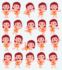 Fototapeta premium Cartoon character white girl in a swimsuit. Set with different postures, attitudes and poses, doing different activities in isolated vector illustrations.