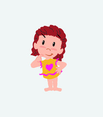 White girl in a swimsuit thoughtful and happy.