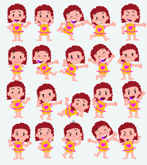 Cartoon character white girl in a swimsuit. Set with different postures, attitudes and poses, doing different activities in isolated vector illustrations.