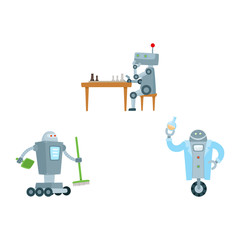 Flat robots set. Humanoid cleaner on wheels holding fetlock, shovel, laboratory assistant with test-tube, robot playing chess. Modern technology, artificial intelligence, Isolated vector illustration