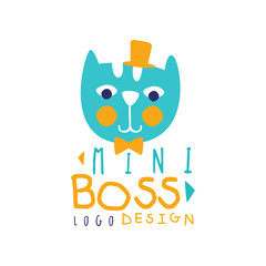 Mini boss logo original design with lettering. Cute label with elegant blue cat with hat. Hand drawn vector illustration isolated on white.