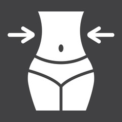 Weight loss glyph icon, fitness and sport, slim body with measuring tape sign vector graphics, a solid pattern on a black background, eps 10.