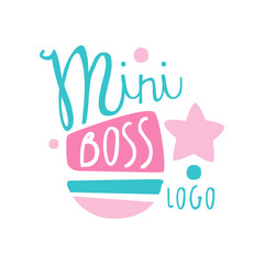 Blue and pink mini boss logo creative design. Original label for kids-focused business. Colorful hand drawn vector illustration isolated on white