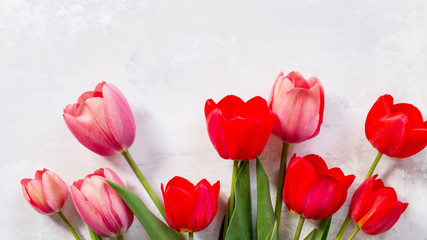 Obraz premium Background Valentine's Day or wedding. Red and pink tulips bouquet on a gray stone background. The apartment was lying. Top view with copy space.