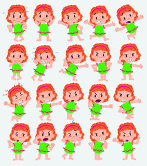 Naklejka premium Cartoon character girl in a swimsuit. Set with different postures, attitudes and poses, always in negative attitude, doing different activities in vector vector illustrations.