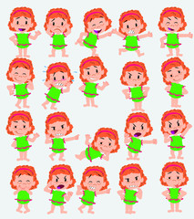 Cartoon character white girl in a swimsuit. Set with different postures, attitudes and poses, doing different activities in isolated vector illustrations.