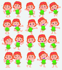 Cartoon character white girl in a swimsuit. Set with different postures, attitudes and poses, doing different activities in isolated vector illustrations.