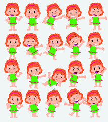 Cartoon character white girl in a swimsuit. Set with different postures, attitudes and poses, doing different activities in isolated vector illustrations.