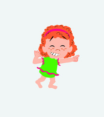 White girl in a swimsuit pointing to something funny on his left.