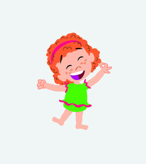 White girl in a swimsuit exulting in happiness