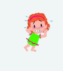 White girl in a swimsuit very alarmed takes the hands to the head.