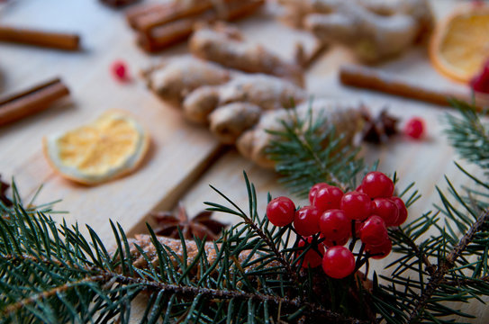 Christmas tree branch with raw red viburnum berries on the foreground. Traditional powdered spices for mulled wine or Christmas bakery ginger, anise, cinnamon on the blurred background. Holiday mood