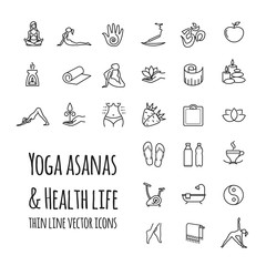 Fototapeta premium Yoga asanas. Health life vector icons set