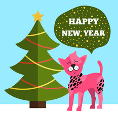Happy New Year Greetings Poster Christmas Tree Dog