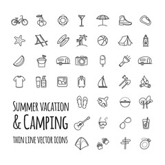 Summer vacation and camping vector icons set
