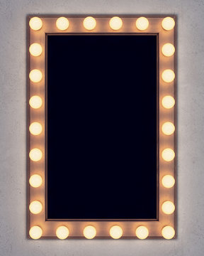 Wooden retro make-up mirror on concrete wall. 3D rendering