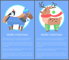 Merry Christmas Postcard with Horse Bullfinch Deer