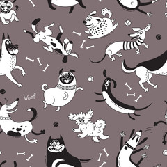 Playing dogs seamless pattern. Funny lap-dog, happy pug, mongrels and other breeds. Vector background for design
