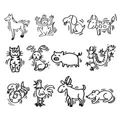 12 Animals of Chinese Calendar. Cartoon style.