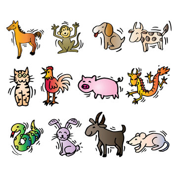 12 Animals of Chinese Calendar. Cartoon style.