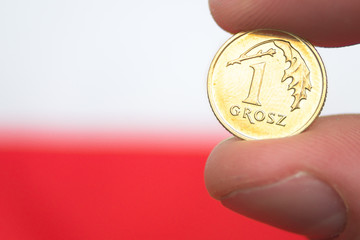Polish coin on polish flag background