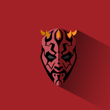 Simply Cartoon Head Of Man In Red Mask And Horns With Side Shadow On Red Background.