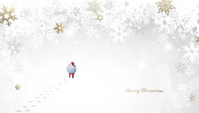 Merry Christmas with many snowflakes on light silver background with walking Santa Claus.